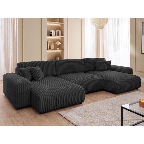 Ciemnoszary sztruksowy rozkładany narożnik ze schowkiem (w kształcie litery U) Sarina – Ropez-image-4