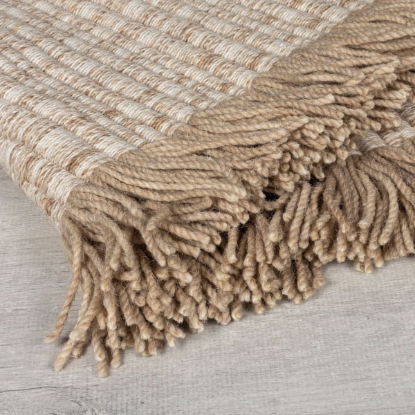 Beżowy dywan z mieszanki wełny tkany ręcznie 120x170 cm Rene Fringed Ribbed – Flair Rugs-image-2