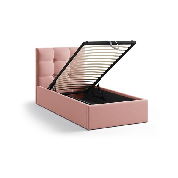 Różowe tapicerowane łóżko jednoosobowe ze schowkiem i stelażem 90x200 cm Phaedra – Micadoni -image-1
