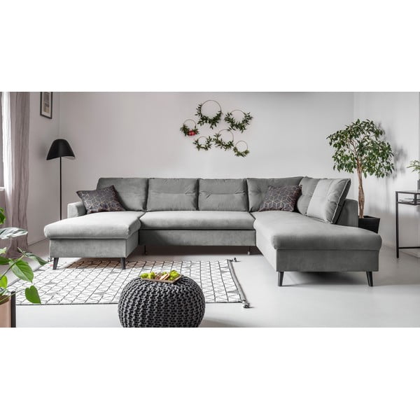 Jasnoszara aksamitna rozkładana sofa w kształcie litery "U" Miuform Stylish Stan, prawostronna-image-1
