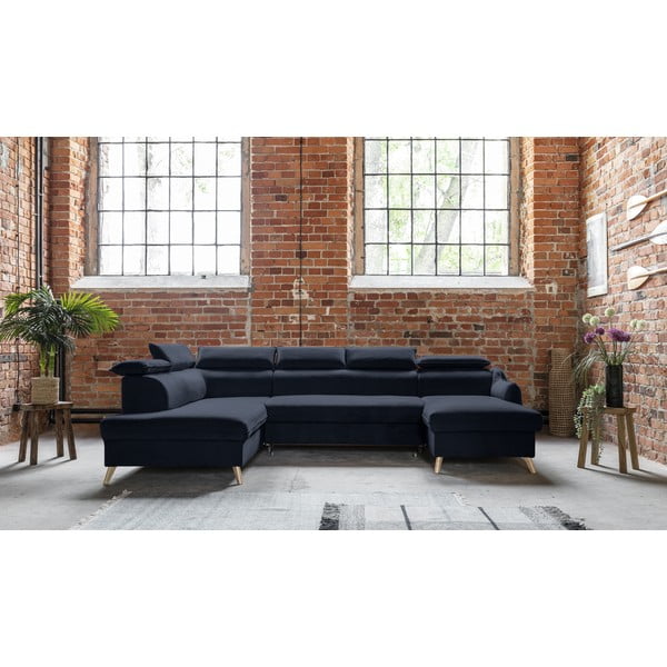 Ciemnoniebieski aksamitny rozkładany narożnik (lewostronny/w kształcie litery U) Sweet Harmony – Miuform-image-1