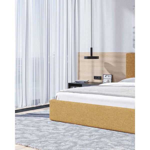 Tapicerowane łóżko dwuosobowe w kolorze ochry ze stelażem i schowkiem 160x200 cm Bufo – MESONICA-image-4