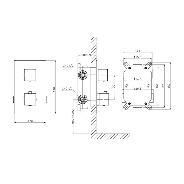 Bateria prysznicowa podtynkowa w kolorze matowej czerni (2 otwory) Latus – Sapho-image-2