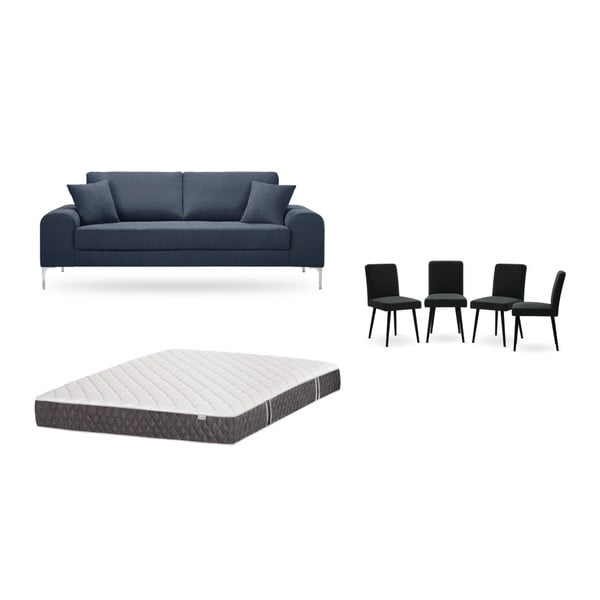 Zestaw 3-osobowej ciemnoniebieskiej sofy, 4 czarnych krzeseł i materaca 160x200 cm Home Essentials