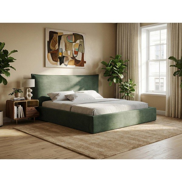 Niebieskie tapicerowane łóżko dwuosobowe ze schowkiem ze stelażem 160x200 cm Esala – Makamii-image-1