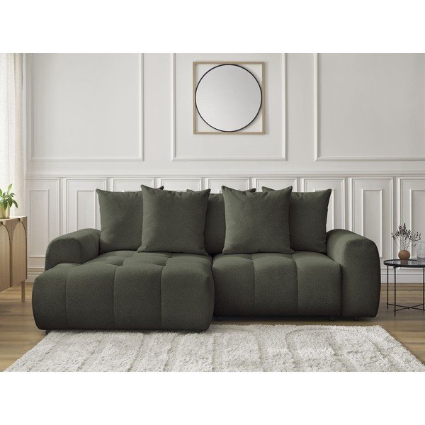 Rozkładany narożnik z tkaniny szenilowej ze schowkiem (lewostronny/z szezlongiem) w kolorze khaki Roxelane – Bobochic Paris-image-1