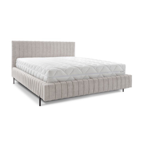 Beżowe tapicerowane łóżko dwuosobowe ze schowkiem ze stelażem 180x200 cm Plissa – ELTAP