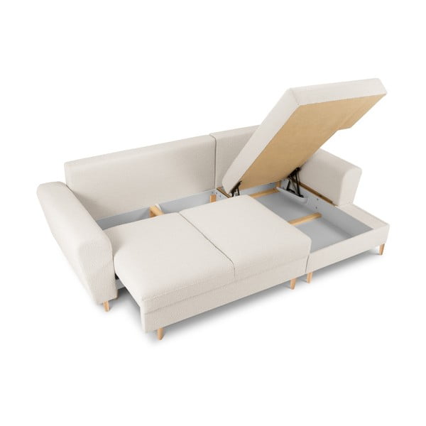 Beżowy rozkładany narożnik ze schowkiem z materiału bouclé (prawostronny/z szezlongiem) Kyoto – Cosmopolitan Design-image-3
