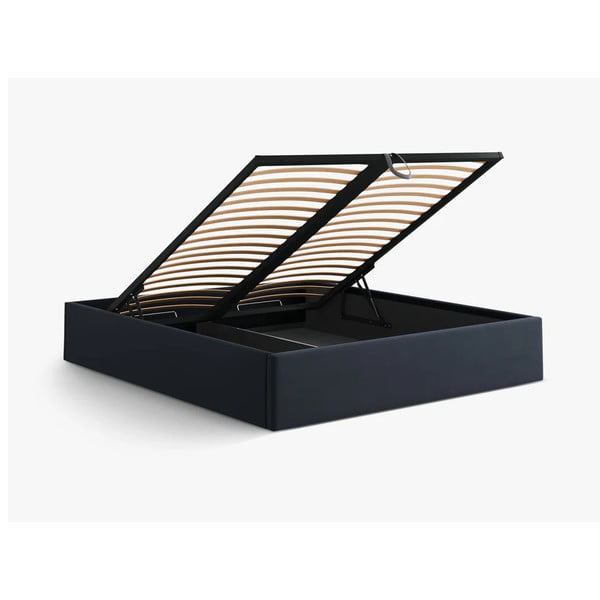 Ciemnoniebieskie tapicerowane łóżko dwuosobowe ze schowkiem/bez zagłówka ze stelażem 180x200 cm Susan – Micadoni -image-3