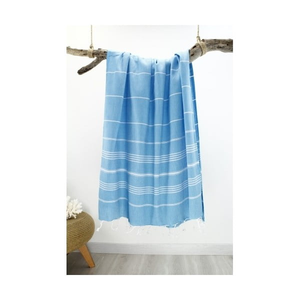 Niebieski ręcznik w paski Hammam Classic Style, 100x180 cm