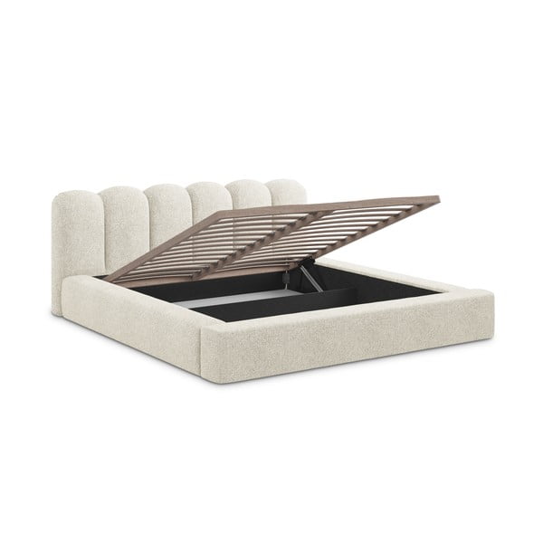Beżowe tapicerowane łóżko dwuosobowe ze schowkiem i stelażem 180x200 cm Mano – Makamii-image-2