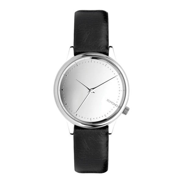 Czarny zegarek damski ze skórzanym paskiem i cyferblatem w kolorze srebra Komono Mirror