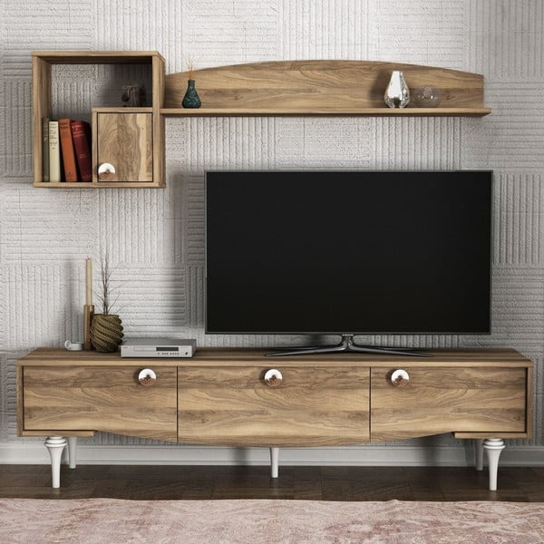 Komplet szafki pod TV i szafek ściennych w dekorze drewna orzechowego Kumsal
