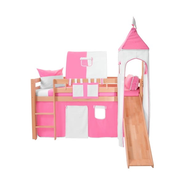 Dziecięce łóżko piętrowe ze zjeżdżalnią i różowo-białym zamkiem z bawełny Mobi furniture Tom, 200x90 cm