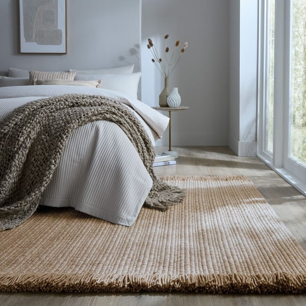 Beżowy dywan z mieszanki wełny tkany ręcznie 120x170 cm Rene Fringed Ribbed – Flair Rugs-image-1