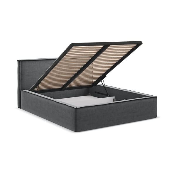 Ciemnoszare tapicerowane łóżko dwuosobowe ze schowkiem i stelażem 140x200 cm Anani – Makamii-image-2