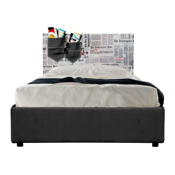 Czarno-szare łóżko jednoosobowe ze schowkiem i materacem 13Casa Task, 80x190 cm