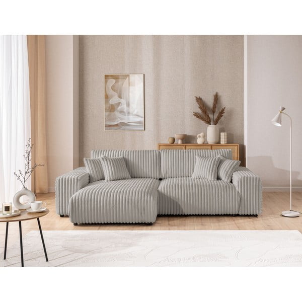 Jasnoszary sztruksowy rozkładany narożnik ze schowkiem (lewostronny) Sarina – Ropez-image-1