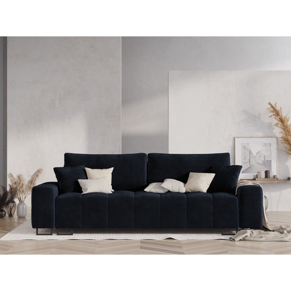 Ciemnoniebieska aksamitna rozkładana sofa ze schowkiem 250 cm Wicklow – Cosmopolitan Design-image-1