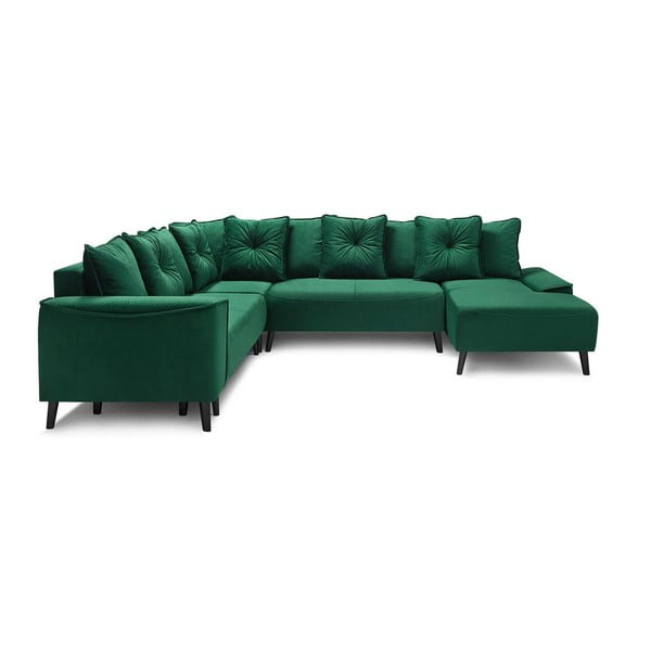 Zielona aksamitna sofa rozkładana w kształcie U Bobochic Paris Panoramique XXL Hera Bis, prawostronna