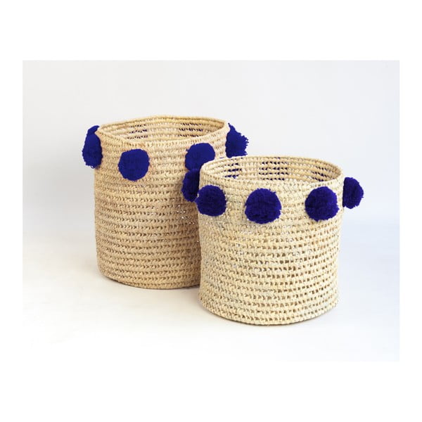 Zestaw 2 koszy z włókien palmowych z ciemnoniebieskimi dekoracjami Madre Selva Milo Basket