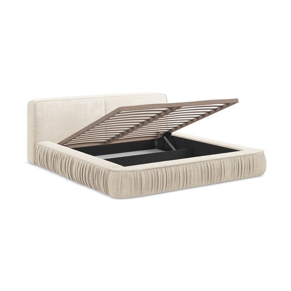 Kremowe tapicerowane łóżko dwuosobowe ze schowkiem i stelażem 180x200 cm Keoni – Makamii-image-3