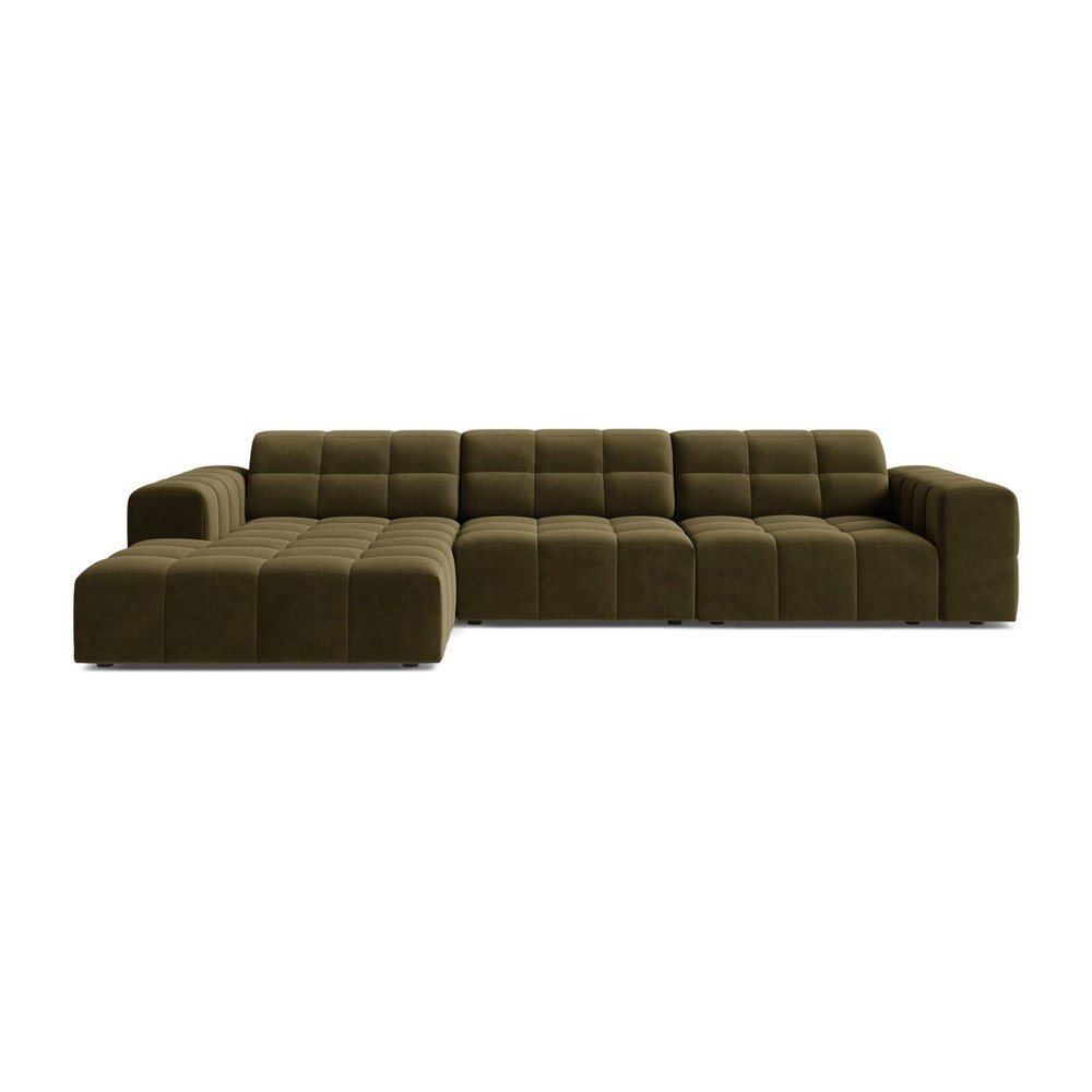 Aksamitny narożnik (lewostronny/z szezlongiem) w kolorze khaki Chicago – Cosmopolitan Design