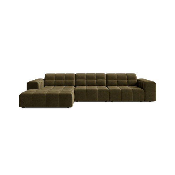 Aksamitny narożnik (lewostronny/z szezlongiem) w kolorze khaki Chicago – Cosmopolitan Design