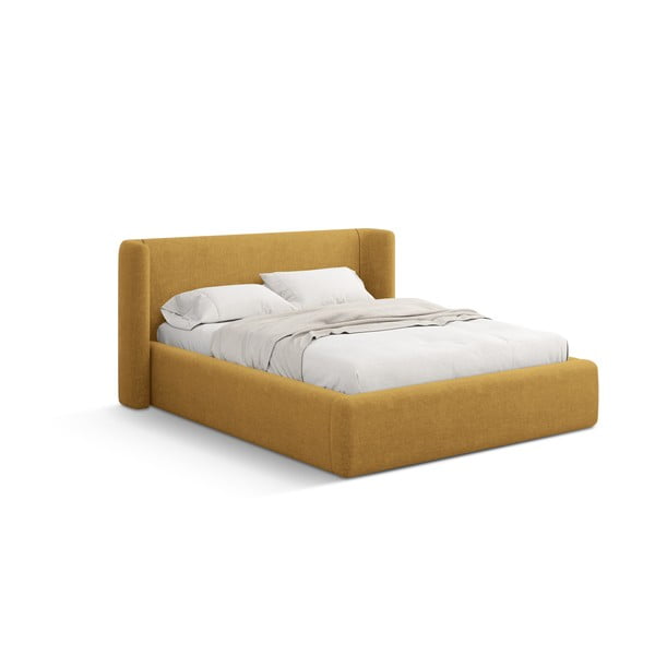 Musztardowe tapicerowane łóżko dwuosobowe ze schowkiem ze stelażem 180x200 cm Jason – Windsor & Co Sofas