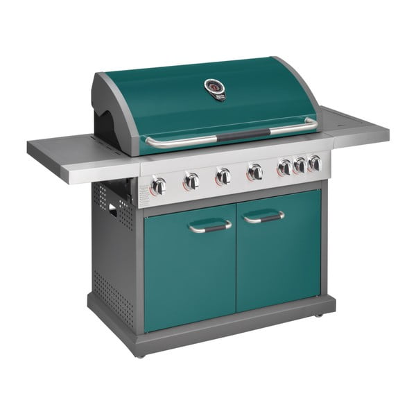 Zielony grill gazowy z 6 palnikami, termometrem i boczną kuchenką Jamie Oliver Pro