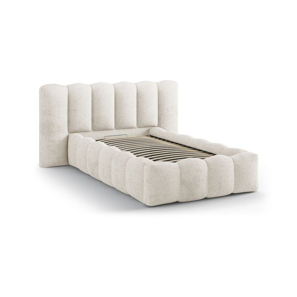 Beżowe tapicerowane łóżko jednoosobowe ze schowkiem i stelażem 90x200 cm Lupine – Micadoni -image-2