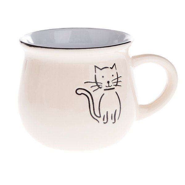 Beżowy ceramiczny kubek z rysunkiem kota Dakls, obj. 0,3 l