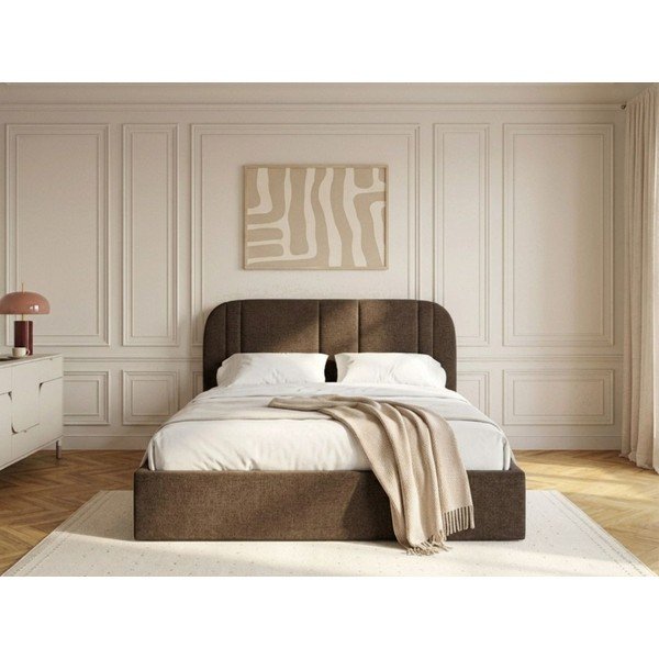 Brązowe tapicerowane łóżko dwuosobowe ze schowkiem ze stelażem 160x200 cm Sidney – Bobochic Paris-image-2