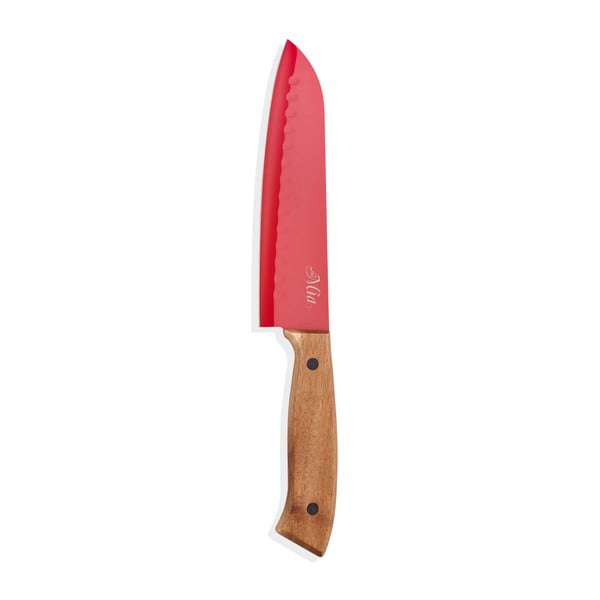 Czerwony nóż z drewnianą rączką The Mia Cutt Santoku, dł. 18 cm
