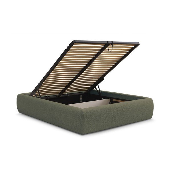 Ciemnozielone tapicerowane łóżko dwuosobowe bez zagłówka ze schowkiem i stelażem 160x200 cm Inera – Bobochic Paris-image-3