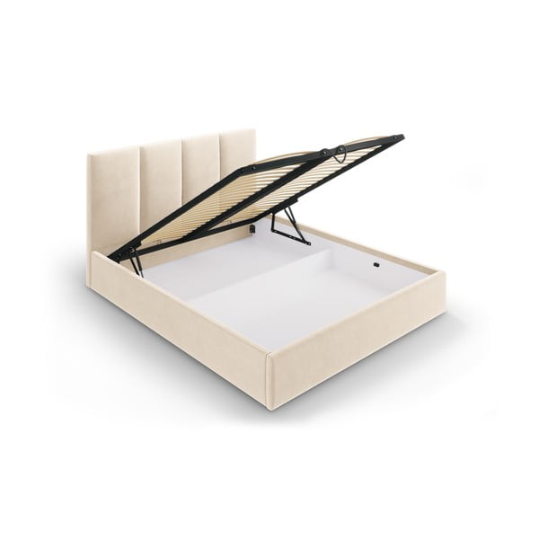 Beżowe tapicerowane łóżko dwuosobowe ze schowkiem ze stelażem 160x200 cm Juniper – Mazzini Beds-image-3