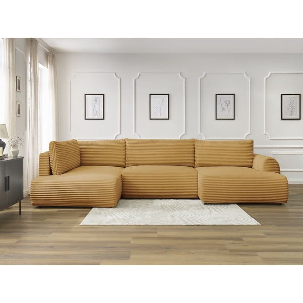 Musztardowy sztruksowy rozkładany/ze schowkiem narożnik (lewostronny/w kształcie litery U) Lucien – Bobochic Paris-image-1
