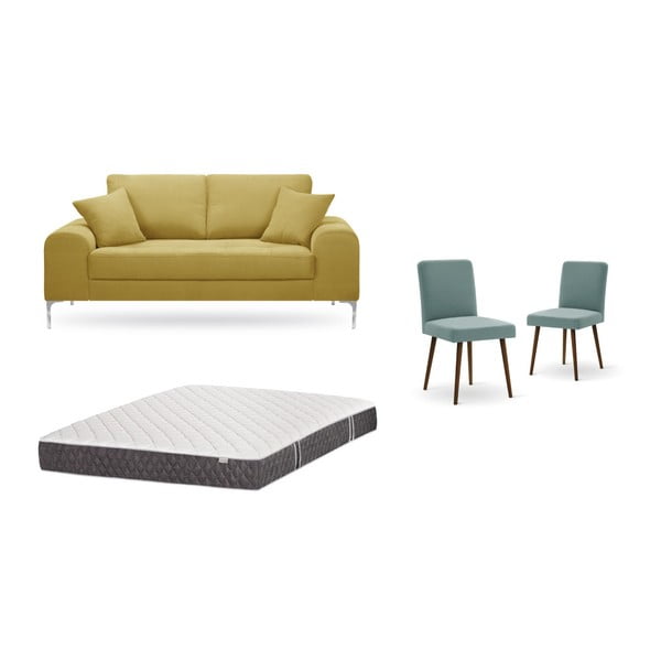 Zestaw 2-osobowej żółtej sofy, 2 szarozielonych krzeseł i materaca 140x200 cm Home Essentials