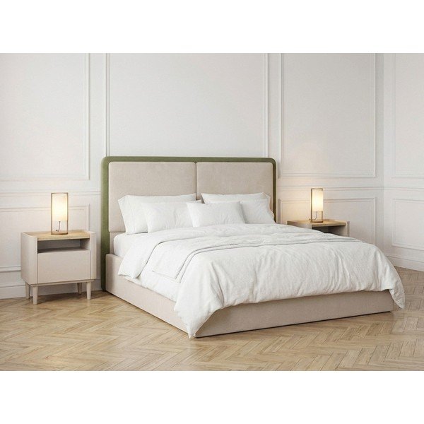 Zielone/beżowe tapicerowane łóżko dwuosobowe ze schowkiem ze stelażem 180x200 cm Mara – Bobochic Paris-image-1