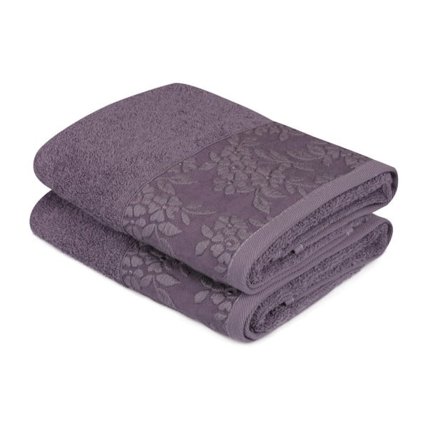 Zestaw 2 ciemnofioletowych ręczników z czystej bawełny, 50x90 cm