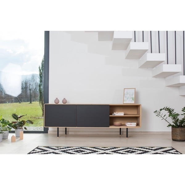 Czarno-naturalna szafka pod TV z litego drewna dębowego 180x64 cm Fina – Gazzda-image-1