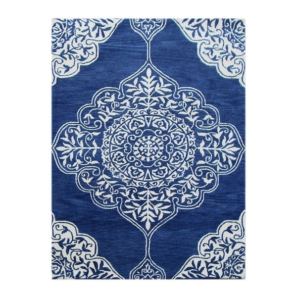 Niebieski dywan tuftowany ręcznie Kirman, 153x144 cm