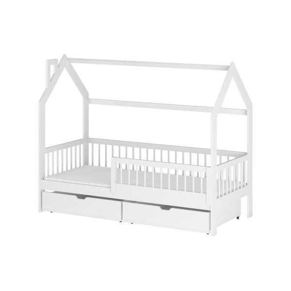 Białe łóżko dziecięce z drewna sosnowego w kształcie domku ze schowkiem 80x180 cm Oskar – Lano Meble
