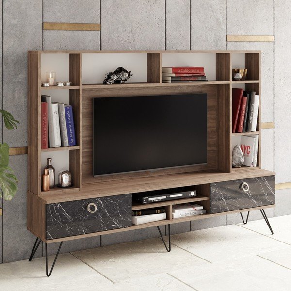 Szaro-brązowy zestaw pod TV w dekorze orzecha 180x136 cm Lorenz – Kalune Design-image-1
