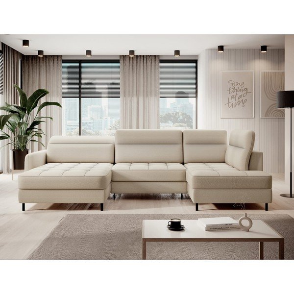 Beżowy aksamitny rozkładany/ze schowkiem narożnik (prawostronny/w kształcie litery U) Berrto – ELTAP-image-1