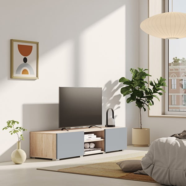 Szara szafka pod TV w dekorze dębu 140x31 cm Podium − TemaHome -image-1