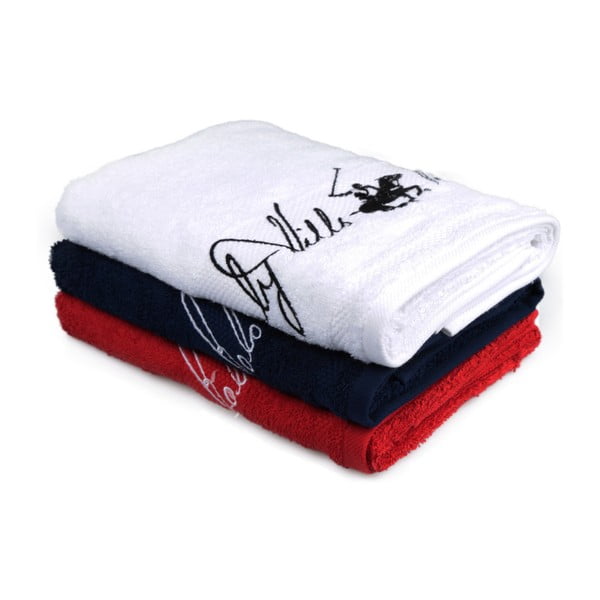 Zestaw 3 białego, granatowego i czerwonego ręcznika Beverly Hills Polo Club Tommy Yazi, 50 x100 cm