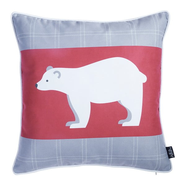 Czerwono-szara poszewka na poduszkę z motywem świątecznym Mike & Co. NEW YORK Honey Polar Bear, 45x45 cm