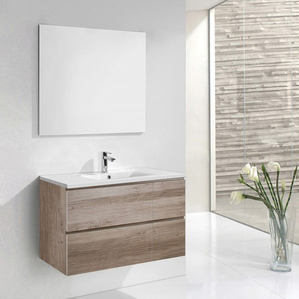 Szafka do łazienki z umywalką i lustrem Monza, motyw dębu, 120 cm