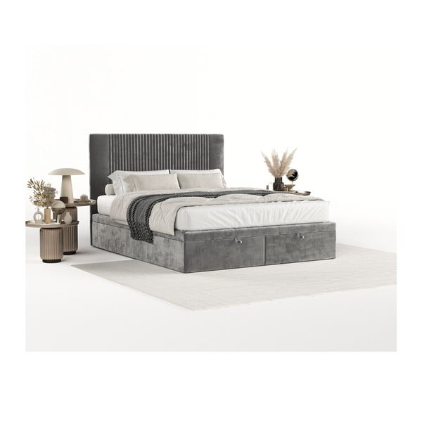 Szare tapicerowane łóżko dwuosobowe ze schowkiem 200x200 cm Mavel – Maison de Rêve-image-1